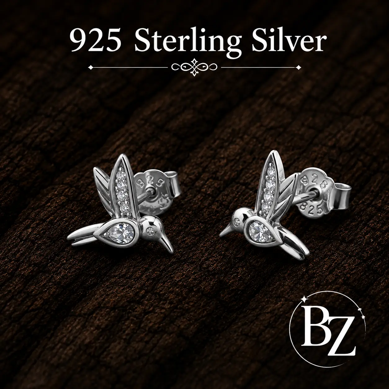 925 Sterling Silver Hummingbird Stud Earrings with Cubic Zirconia