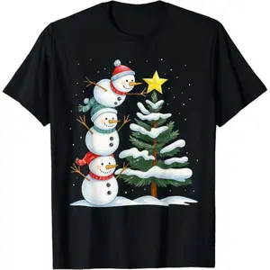 Classic cotton graphic fashion round neck tee Funny Christmas Snowman Topper Tree Holiday Family Men Women T-Shirt