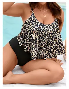 Plus Size Swimdress - Leopard Print V Neck Swimsuit with Flutter Sleeves - Women's Surplice Bathing Suit - Modest Swimwear for Curves - Comfortable Beach Pool Swimsuit