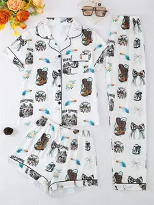 Women's Sleepwear & Loungewear Set, Button-Front Short Sleeve Top with Pockets & Loose Comfortable Shorts/pants, Casual Western Style, All Seasons Wear, Pajama