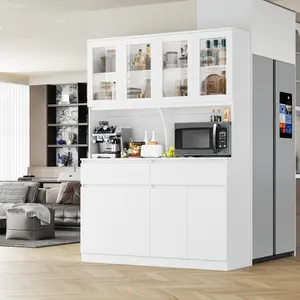 FOTOSOK  74.8" Tall Pantry Cabinet, 55.1" Wide Kitchen Pantry Cabinet  with 2 Drawers, Kitchen Hutch with Microwave Stand, Tall Storage Cabinet for Living Room, White