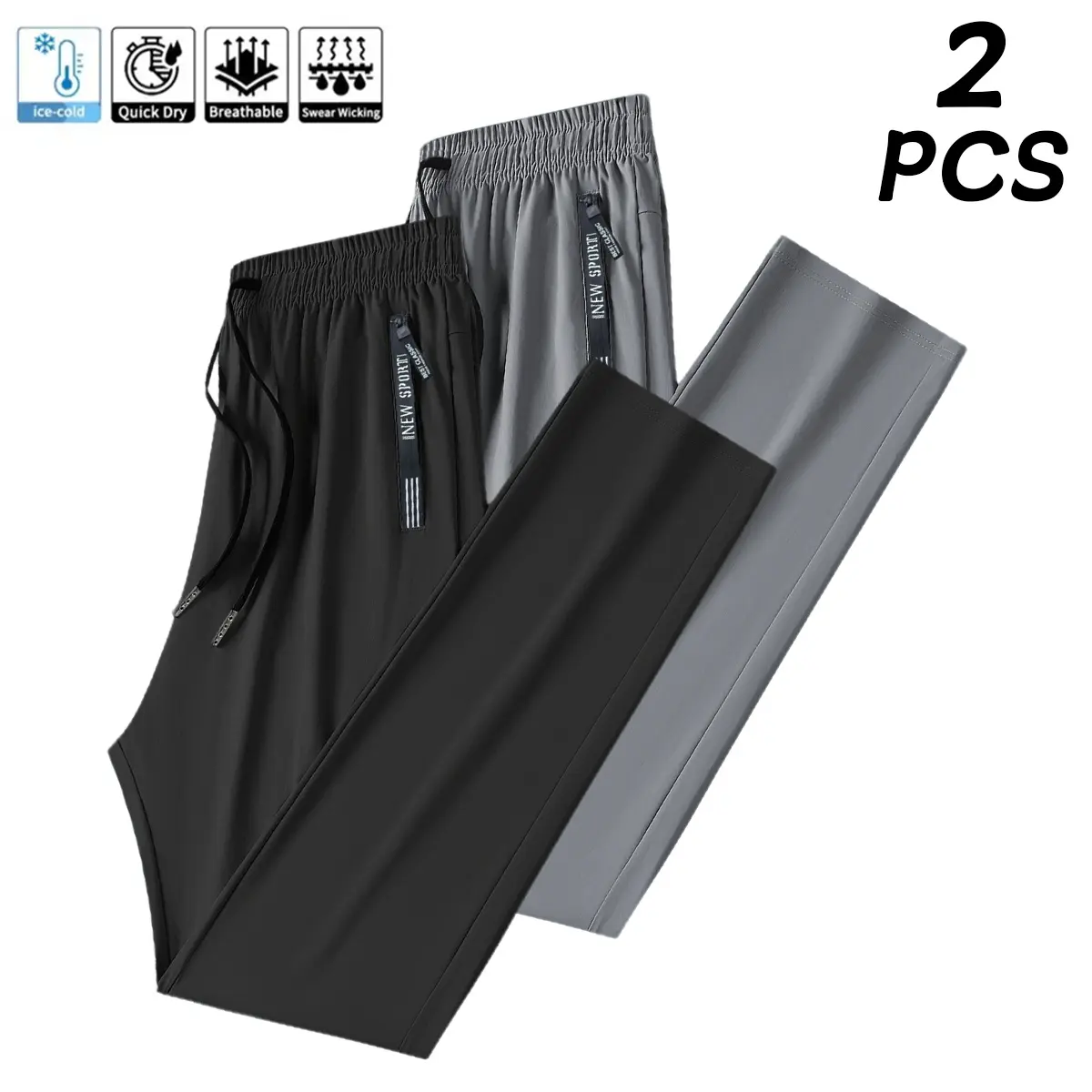 Men’s 2-pack summer high-stretch jogger pants made from ice-feel fabric with zippered pockets; breathable, lightweight straight-leg joggers for running and outdoor activities, suitable for everyday wear.