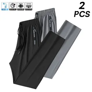 Men’s 2-pack summer high-stretch jogger pants made from ice-feel fabric with zippered pockets; breathable, lightweight straight-leg joggers for running and outdoor activities, suitable for everyday wear.