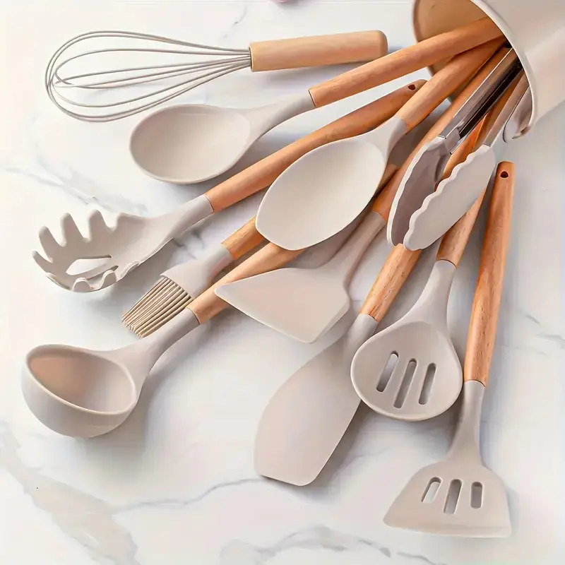 12pc Silicone Kitchenware Utensil Set - Dishwasher-Safe, High Heat-Resistant Cooking Supplies - Multifunction Turner, Ladle, Pasta Fork, Spoons, Wooden Egg - Family Everyday Kitchen Essentials - No Scratches, No Melting