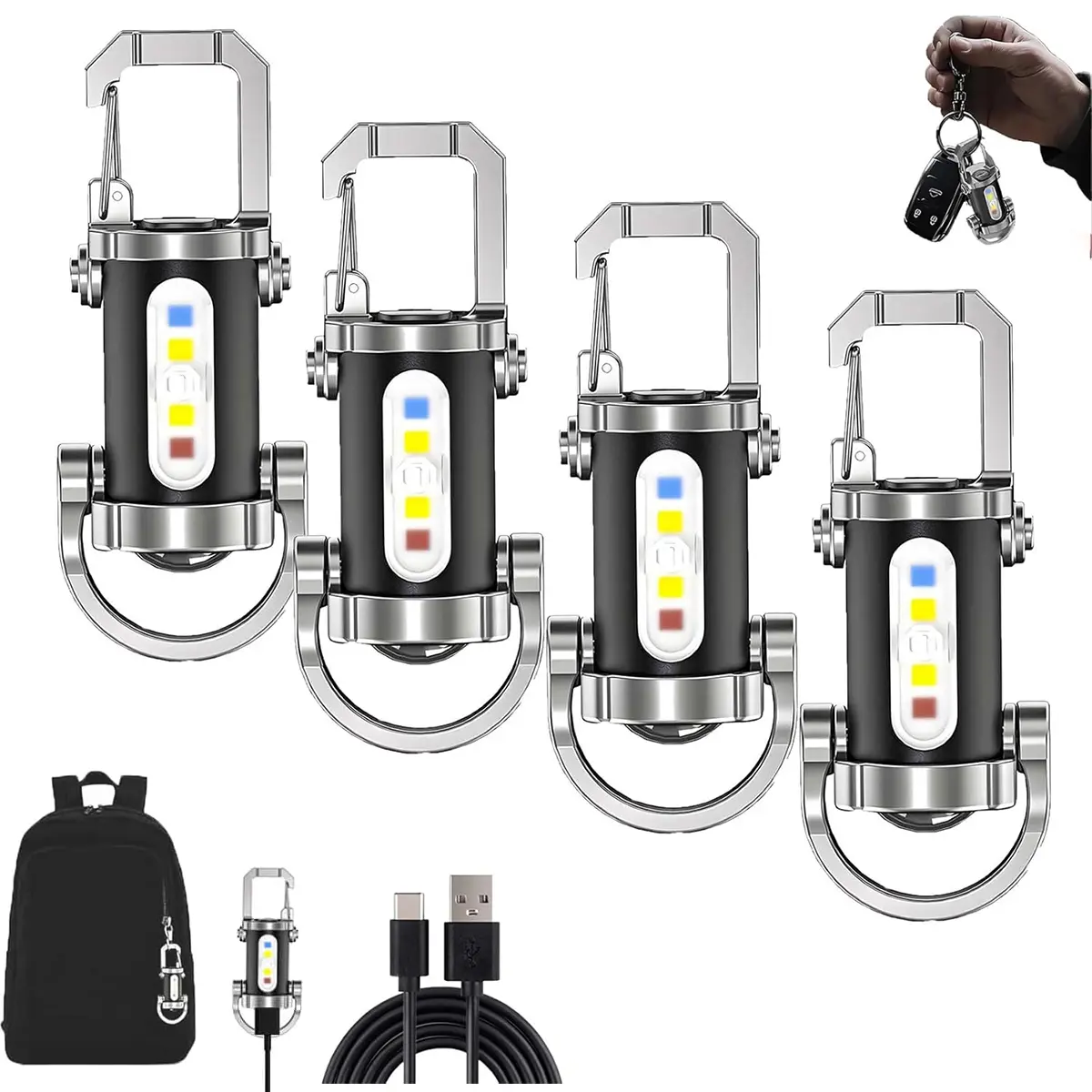 SummerVibes Keychain Flashlight, Portable Rechargeable Bright Keychain Flashlight, Phone Charger, 7 Lighting Modes, 1200 Lumens EDC Mini Keychains Flashlight, Waterproof Design for Camping Hiking (1/2/3/4PCS)