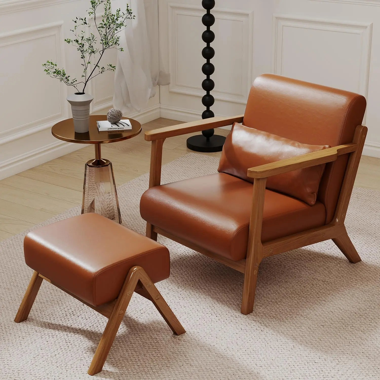 MOJAY Premium PU Leather Upholstered Accent Chair with Ottoman - Cozy Reading Armchair for Living Room, Bedroom, Cozy Reading Chair, Premium Accent Chair