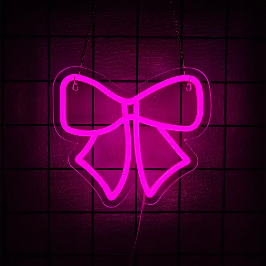 Bow Neon Lights—Elegant ribbon LED home decor light for girls' rooms, nurseries, pink bedrooms, or beauty salon walls—Charming bow-shaped art lights, Light Decor