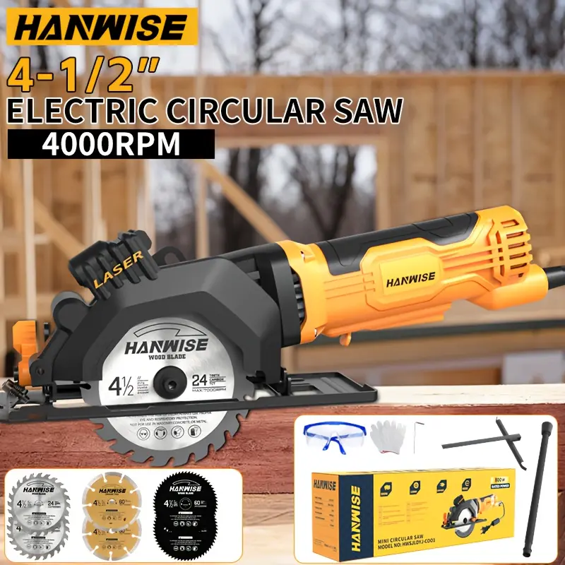 HANWISE Circular Saw With 6 Blades, Edge Guide, No Tool Tilt Adjustment, Metal Base, Compact Saw, Suitable For Wood/Metal/Ceramic Tiles, Valentine's Day Gift