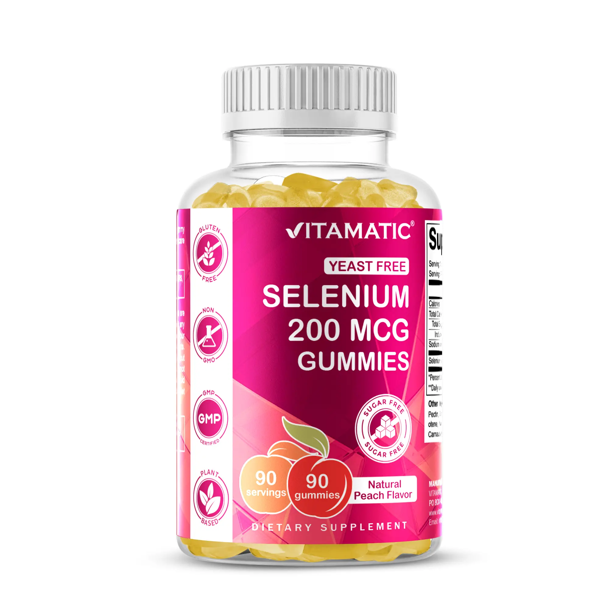 Vitamatic Chewable Selenium Gummies - 200mcg Selenomethionine Immune Support Dietary Supplement, Essential Trace Mineral with Superior Absorption, 90 Pectin-Based Natural Peach Flavor, Yeast-Free, Non-GMO, Gluten-Free
