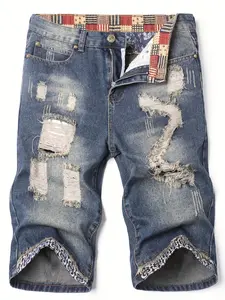 Men’s vintage washed patchwork jeans with storage pockets at both sides of the waist and button closure design, suitable for everyday commuting and parties.
