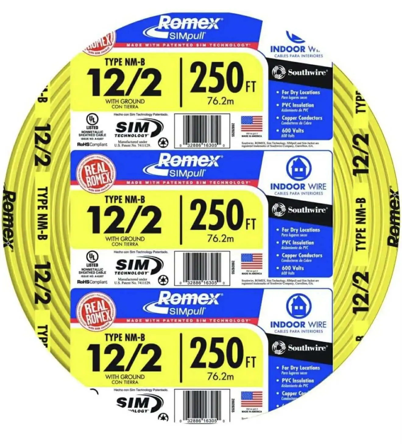 Southwire 250 ft. 12/2 Solid Romex SIMpull CU NM-B W/G Wire