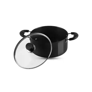 Vinod Black Pearl Hard Anodised Saucepot with Glass Lid 379 oz Capacity 12 inches with Riveted Sturdy Handles - 3.25 mm Thickness, Black (Gas Stove Compatible)