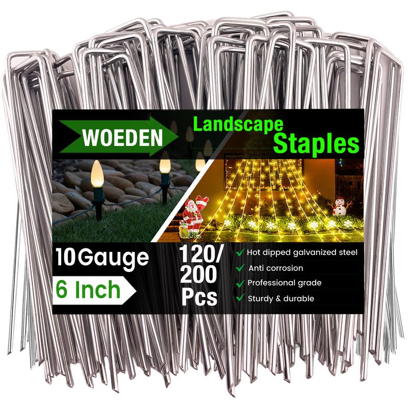 WOEDEN 6" Galvanized Landscape Staples 10 Gauge U-Shaped Garden Stakes for Weed Barrier Durable Growing Tray Drip Irrigation & Holiday Decorations 120/200 Pcs