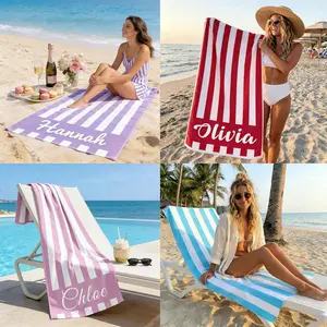 Personalized Beach Towels with Names Custom Quick Dry & Sand Free Pool Towel for Adult Kids Summer Holiday Vacation Beach Graduation Gifts - Sky Blue White Stripes