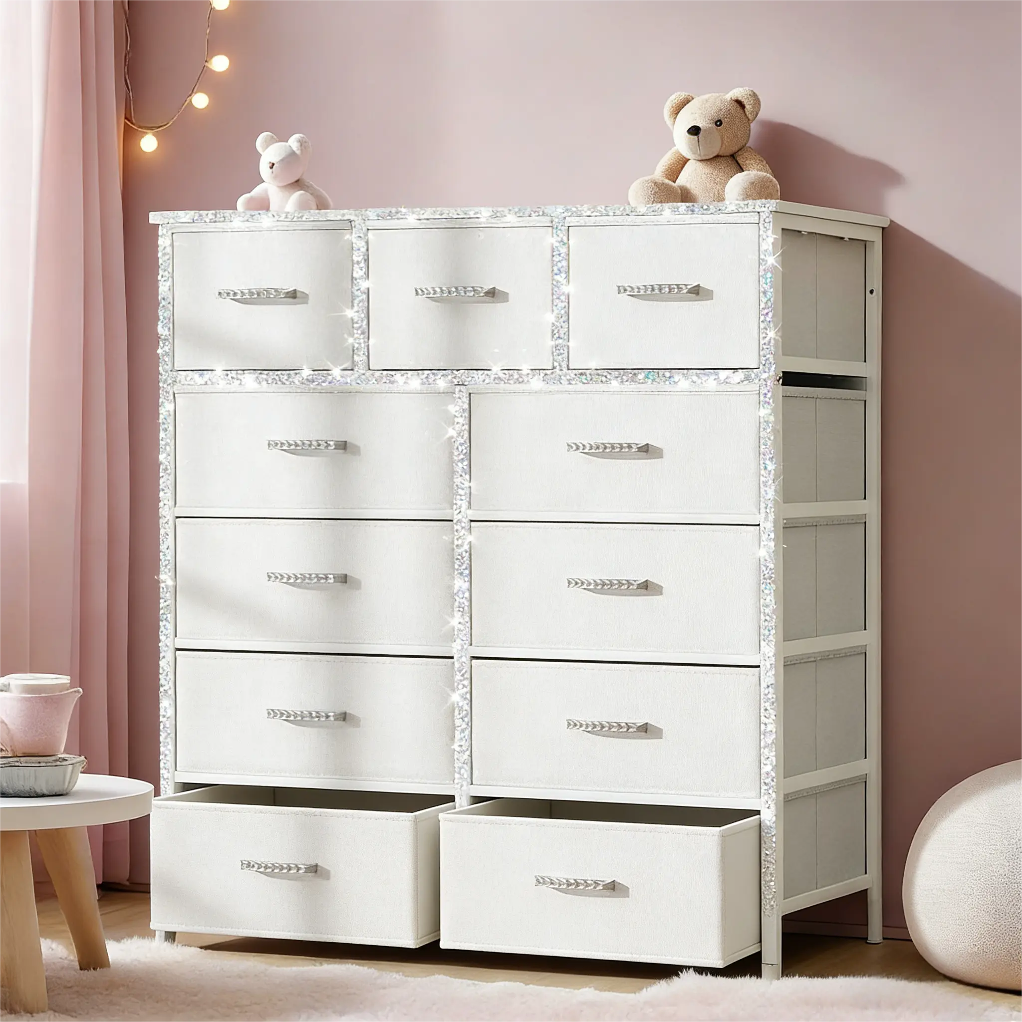 11 White Drawers (diamond Strips+Crystal Handles)