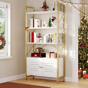 DWVO Bookshelf and Bookcase with Storage Cabinet, Standing 5 Tiers Book Shelves Display Rack with Doors for Bedroom Living Room Office,White&Gold