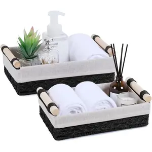 Wicker Storage Basket with Wooden Handle Paper Rope Decorative Toilet Paper Basket & Bathroom Organizer for Toilet Tank Top, Shelves, Bedroom, Countertop, Home Office, 2 Pack Black