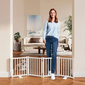 Short Dog Gate Indoor, 16" High Freestanding Small Dog Door Gates with Support Feet, Expands Up to 48’’ Wide Foldable Pet Gate for Doorway, 4 Panel Folding Pet Fence for Puppy, White