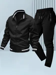 Men's Two-Piece Sports Set, Workout Sets, Casual Stand Collar Zipper Jacket + Elastic Waist Tight-Fit Pants, Lightweight Spring Fall Athletic Wear