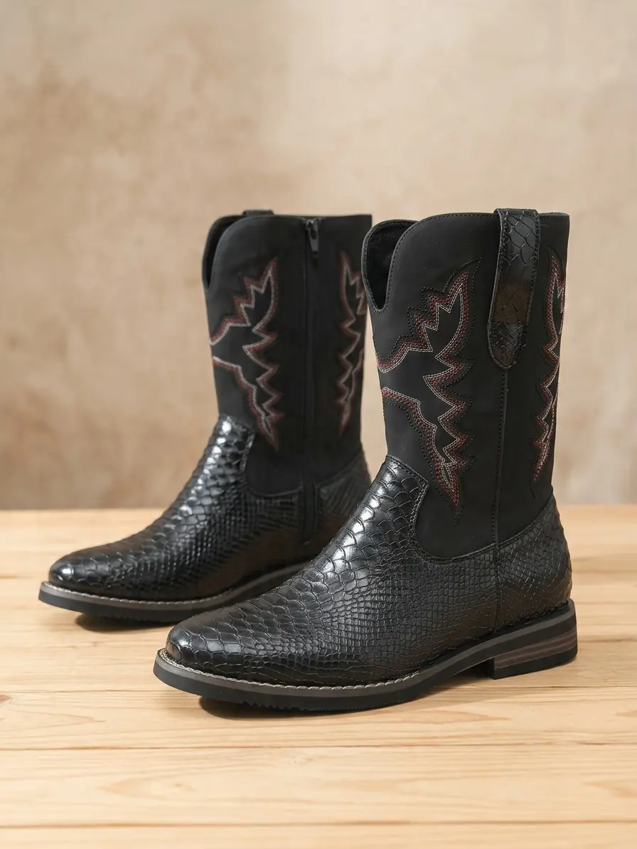 CYUW Men's Western Cowboy Boots, Classic Casual Mid Calf Boots, Stylish Outdoor Boots with Black and Brown Colors