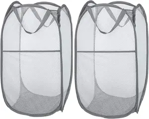 Larpur 2 Pcs Popup Mesh Laundry Baskets, Collapsible and Portable Clothes Washing Laundry Hampers with Reinforced Carry Handles, Gray Clothes Hamper for Home, Travel, College Dorm