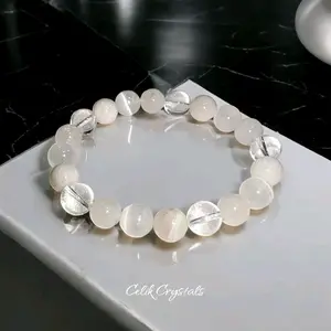 Natural Stone Bracelet - White & Clear Quartz, Selenite, 8mm Beads, 6.5-8.5 inches energy balancing crystal