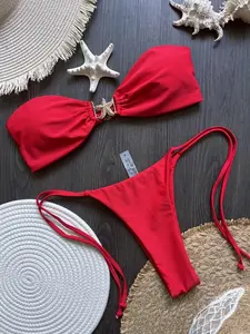 Two-Piece Set Women's Solid Strapless Bandeau Swimsuit Style Bikini Set, Casual Fashion Chic Strapless Swim Top & Swim Bottom Swimsuit for Beach Holiday Vacation, Ladies Swimwear for All Seasons