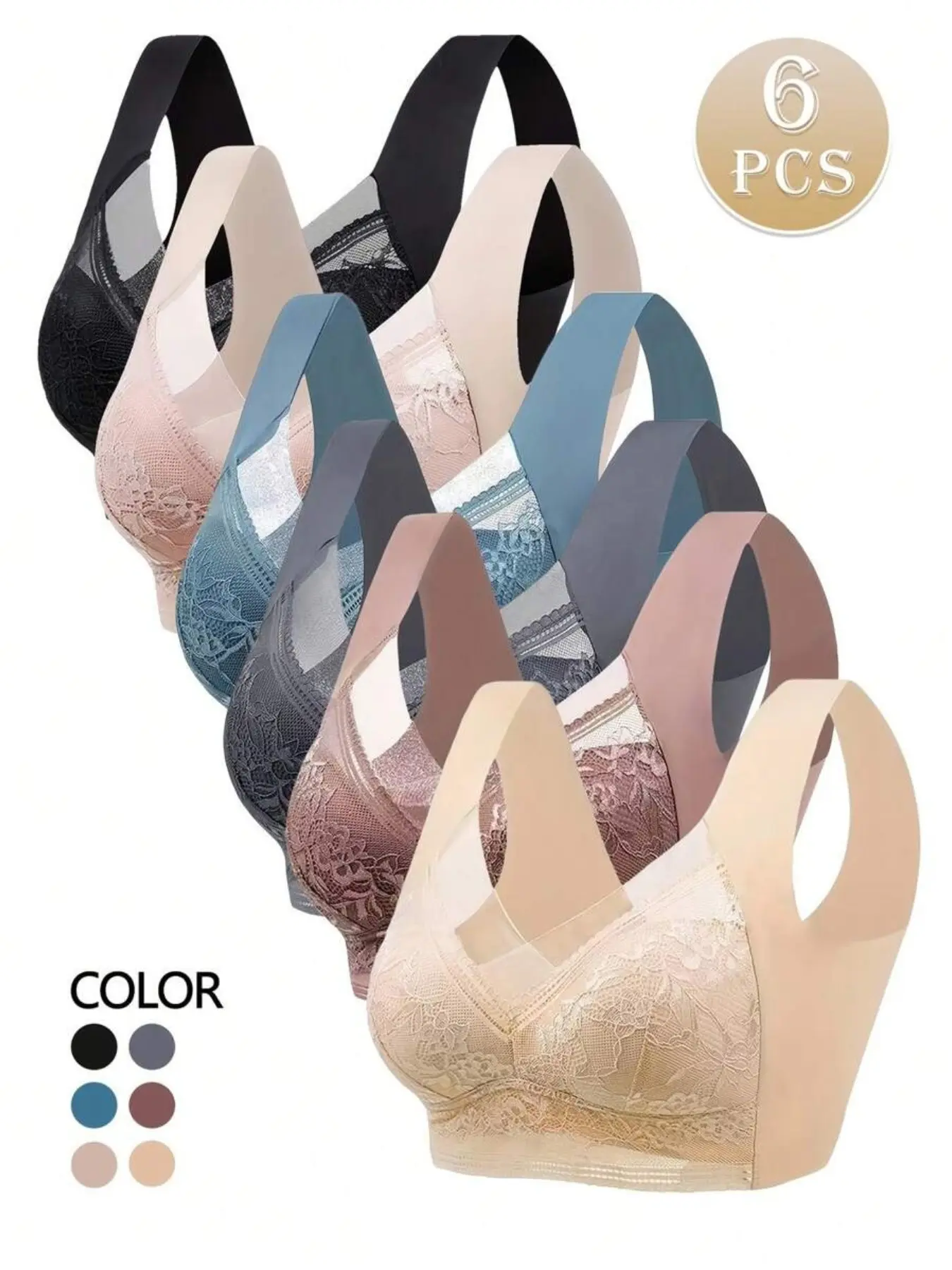Six-Piece Seamless Lace Mesh Wireless Bra Set, Anti-Sag Design, Side Control, Breathable Summer Innerwear, Sports & Casual Wear, Mesh Sports Bras, Breathable Workout Bra
