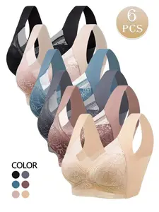 Six-Piece Seamless Lace Mesh Wireless Bra Set, Anti-Sag Design, Side Control, Breathable Summer Innerwear, Sports & Casual Wear, Mesh Sports Bras