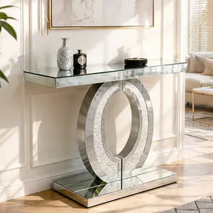 ARCH Modern Mirrored Crushed Diamond Console Table Large Rectangular Silver Glass Sofa Table for Living Room Hallway Entryway Furniture Freestanding Pedestal Base Glossy Finish 39.4x11.6x31.5 Inches, Silver Color Options, MDF+glass Material