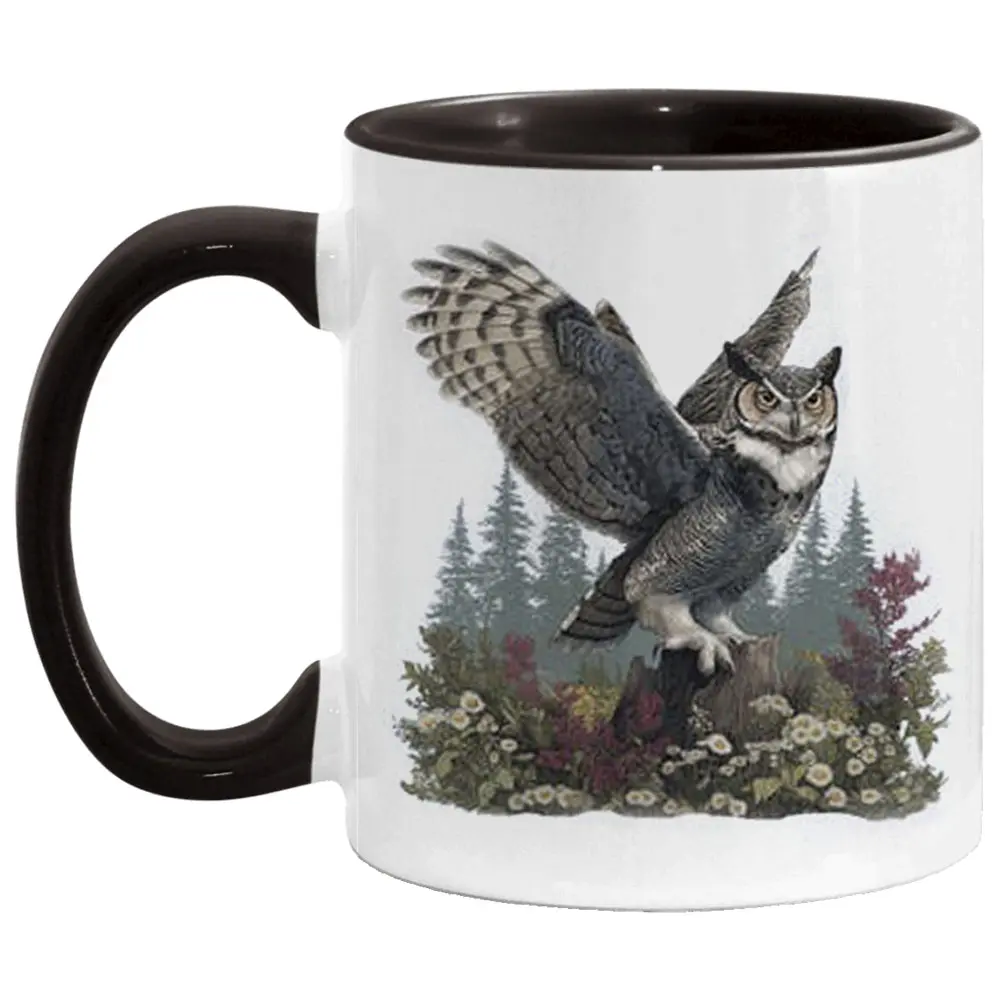 Retro Great Horned Owl Wildflowers Forest Mug - 90s Birds Of Prey Nature Birding - Bird Watcher White Mug #464