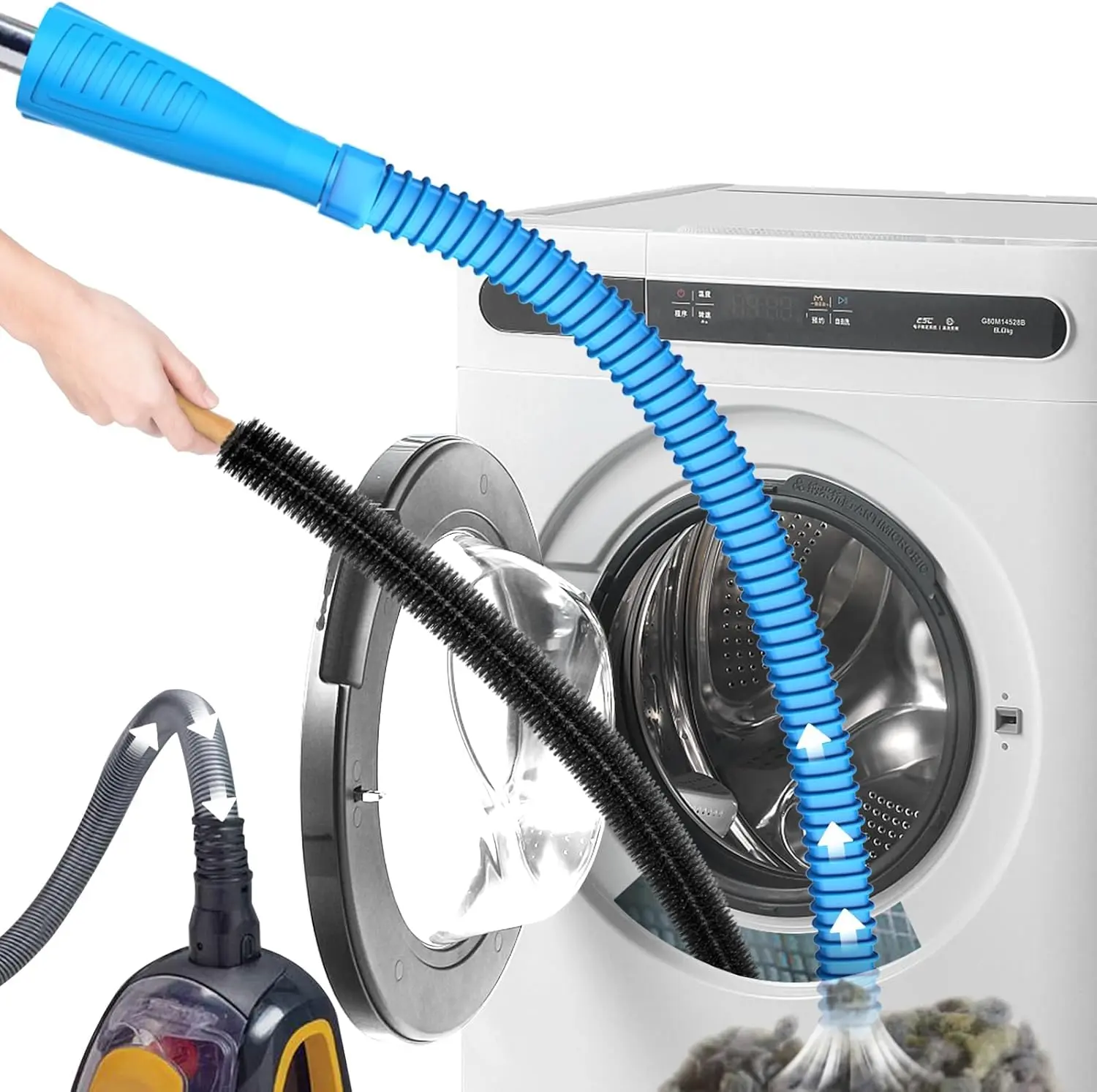 2pc Dryer Vent Cleaner Kit with Handle - Upgraded Lint Screen Tool, Flat Hose Cleaner Tube, Fridge Coil Tool, Quiet Suction, Brush + Vacuum Use, Efficient Lint Removal, Fits Most Vacuums & Fridge Coils, Blue, Resolves Dryer Issues, Fits Fridge Coils, Nois