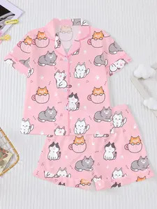Girls' New Cute Cat 2-Piece Pajama Set, Kitty Print Short Sleeve Elastic Shorts, Fire Retardant Lapel Top, Casual Home Wear