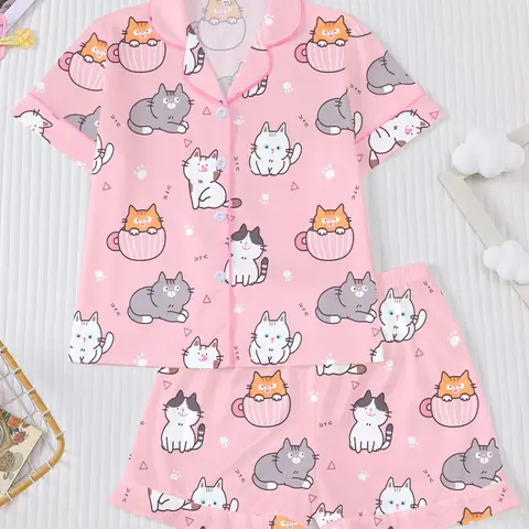 Girls' New Cute Cat 2-Piece Pajama Set, Kitty Print Short Sleeve Top and Shorts, Fire Retardant Lapel Top, Casual Home Wear, Cartoon Print Sleepwear, Collared Pajama Set