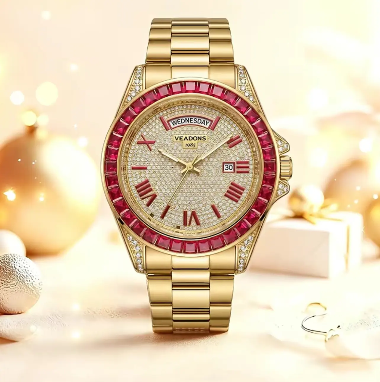 Luxury Red Gemstone Day-Date Gold Watch