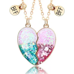 2-Piece Adjustable Magnetic Heart Shape Friendship Necklace, Metal Coated BFF Jewelry with Unicorn Dolphin Charms for Girls, Daily Gift Accessory