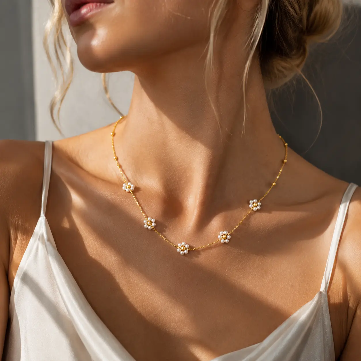 SmileBelle Gold Aesthetic Pearl Jewelry Set - Dainty Daisy Choker with 3 White Pearls, Daisy & Gold Bead Earrings, Daily Wear Necklace, Casual, Elegant Look, Female Fit, Stylish Costume Accessory, Meaningful Birthday Gift for Weddings, Chain & Link, Daisy