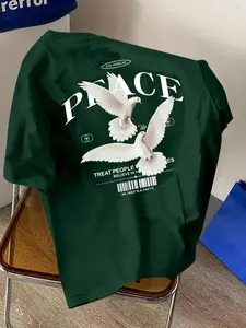 Men's Dark Green "PEACE" Dove Graphic Aesthetic Oversized Short Sleeves T-Shirt TikTok Trending Streetwear Casual Tee | #tiktokshopblackfriday #giftideas "Treat People Right" Quote Print Top for Daily Wear & Christmas Presents