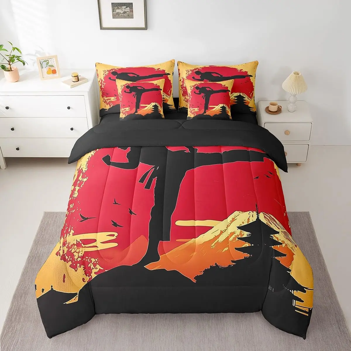 Feelyou 7-Piece Martial Arts Bedding Set - Taekwondo, Kung Fu, Karate Themed Decorative Microfiber Bed-in-a-Bag with Breathable Duvet, Sheets, Pillowcases & Cushion Cover, Breathable Duvet Set, Decorative Bedding Set