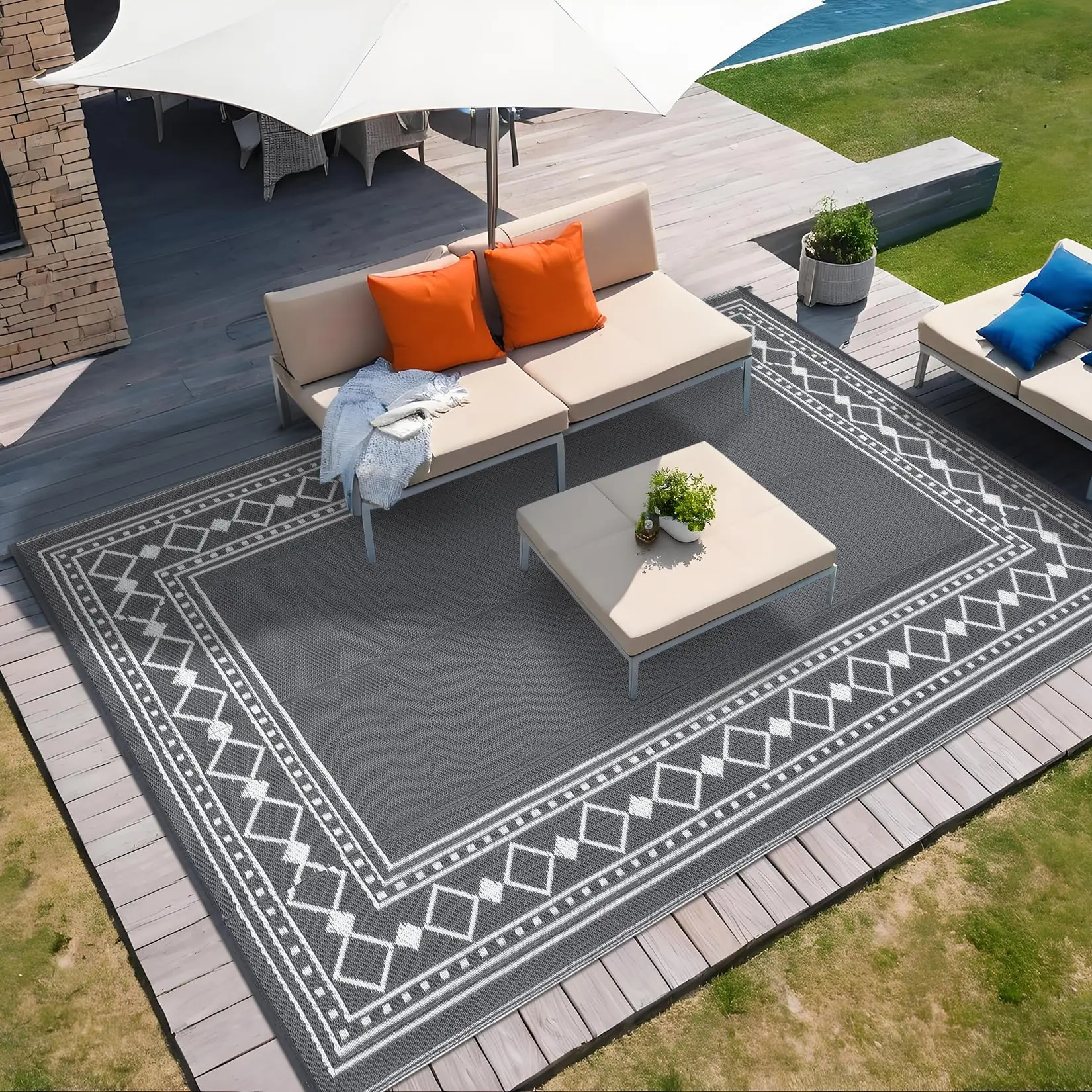 GARVEE Outdoor Rug Waterproof for Patio Decor 9x12 Reversible Plastic Straw Carpet, Outside Camping Mats for Outdoor Decor, RV, Backyard, Deck, Balcony, Picnic, Grey & White