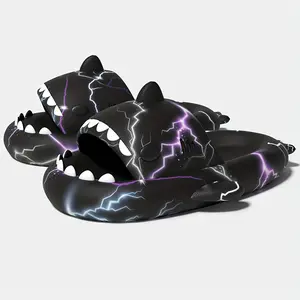 [Comfy Shark-Slides] Comfy Men's Shark-Slides |   Trendy Lightning Pattern, Non Slip Casual Soft Sole Anti Odor EVA Slippers, Men's Summer Indoor Footwear Shoe Boy black walking shoe casual letter