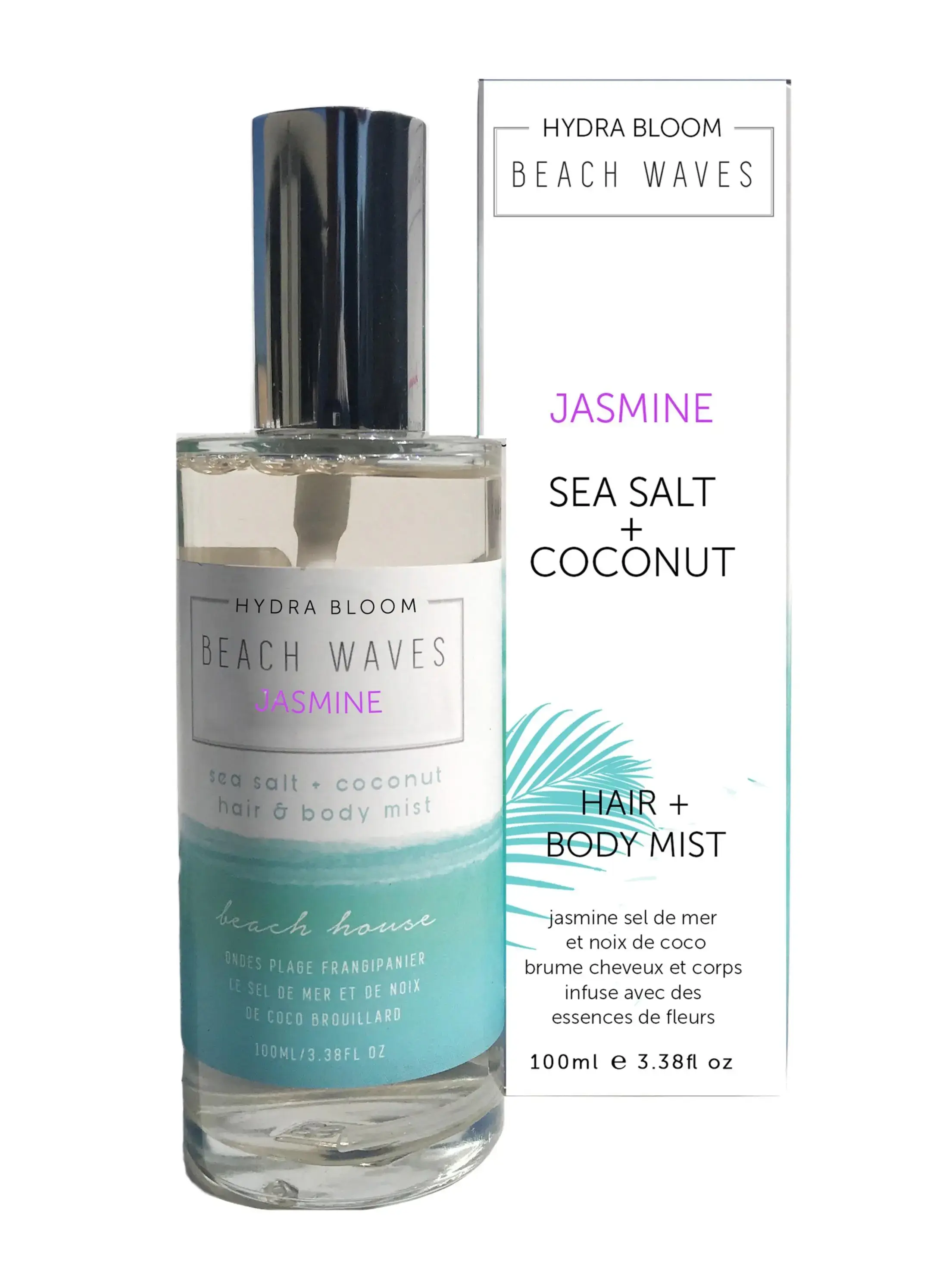 Jasmine Beach Waves Hair and Body Mist-Coconut and Sea Salt infused with Mood boosting Flower Essences By Hydra Bloom California Silicone Free Hair Nutrition