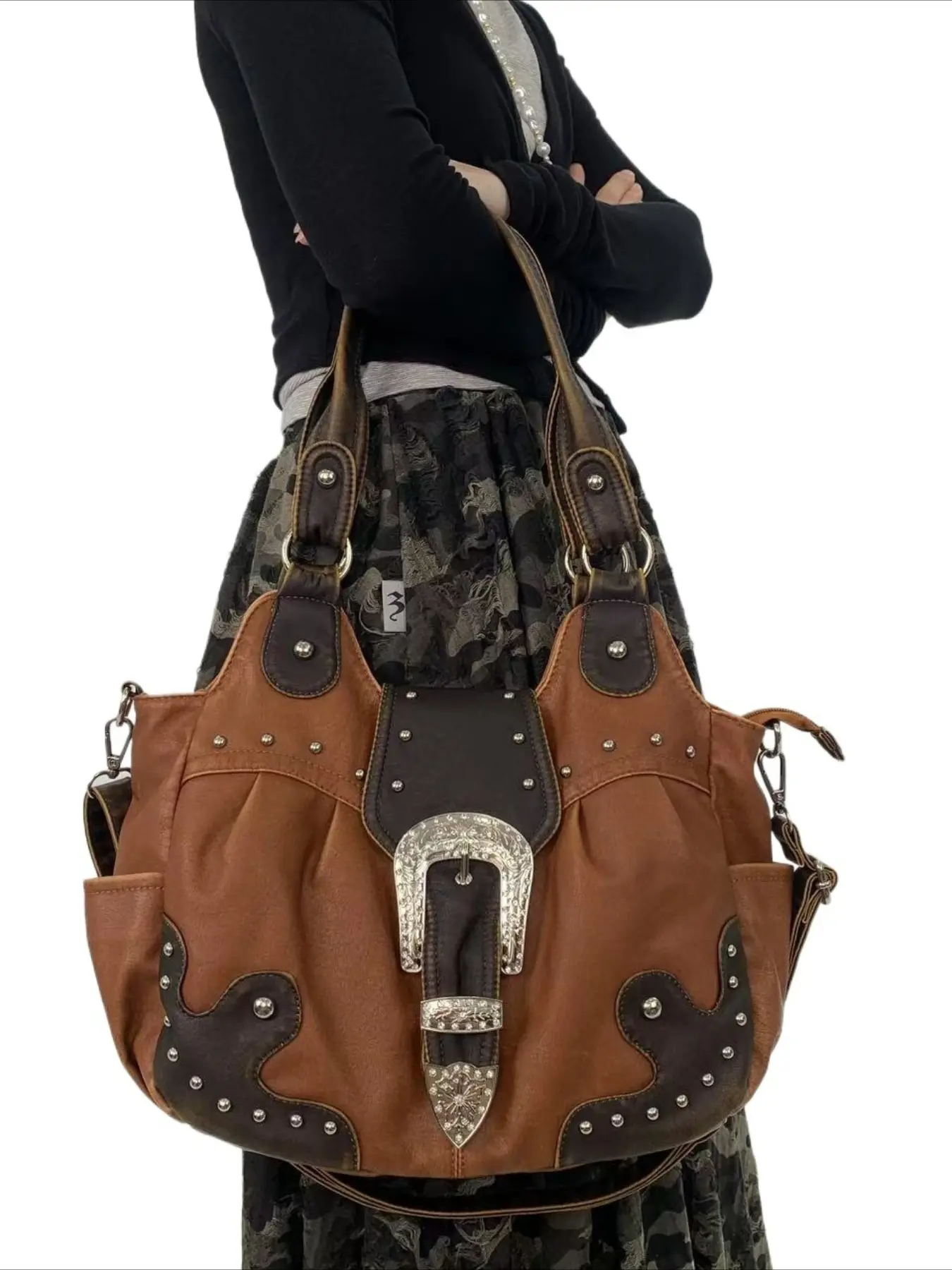 Ladies' fashionable retro Y2K spicy girl handbag, large capacity, multiple pockets, punk diagonal cross bag, washed and vegan bag, PU Leather Bag, Casual Trendy Bag, suitable for vacation, shopping, work, holiday gifts