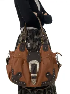Ladies' fashionable retro Y2K spicy girl handbag, large capacity, multiple pockets, punk diagonal cross bag, washed and vegan bag, PU Leather Bag, Casual Trendy Bag, suitable for vacation, shopping, work, holiday gifts