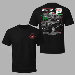 Dortons Sinclair Truck T-Shirt with 2 Sides Graphic, Back Print Custom Black Pickup with Sinclair Gas Station and Dinosaur Logo, Dortons Carrollton Missouri Lettering, Front 40 Years Safety Logo, Soft Cotton Blend Shirt, Streetwear for Men and Women,
