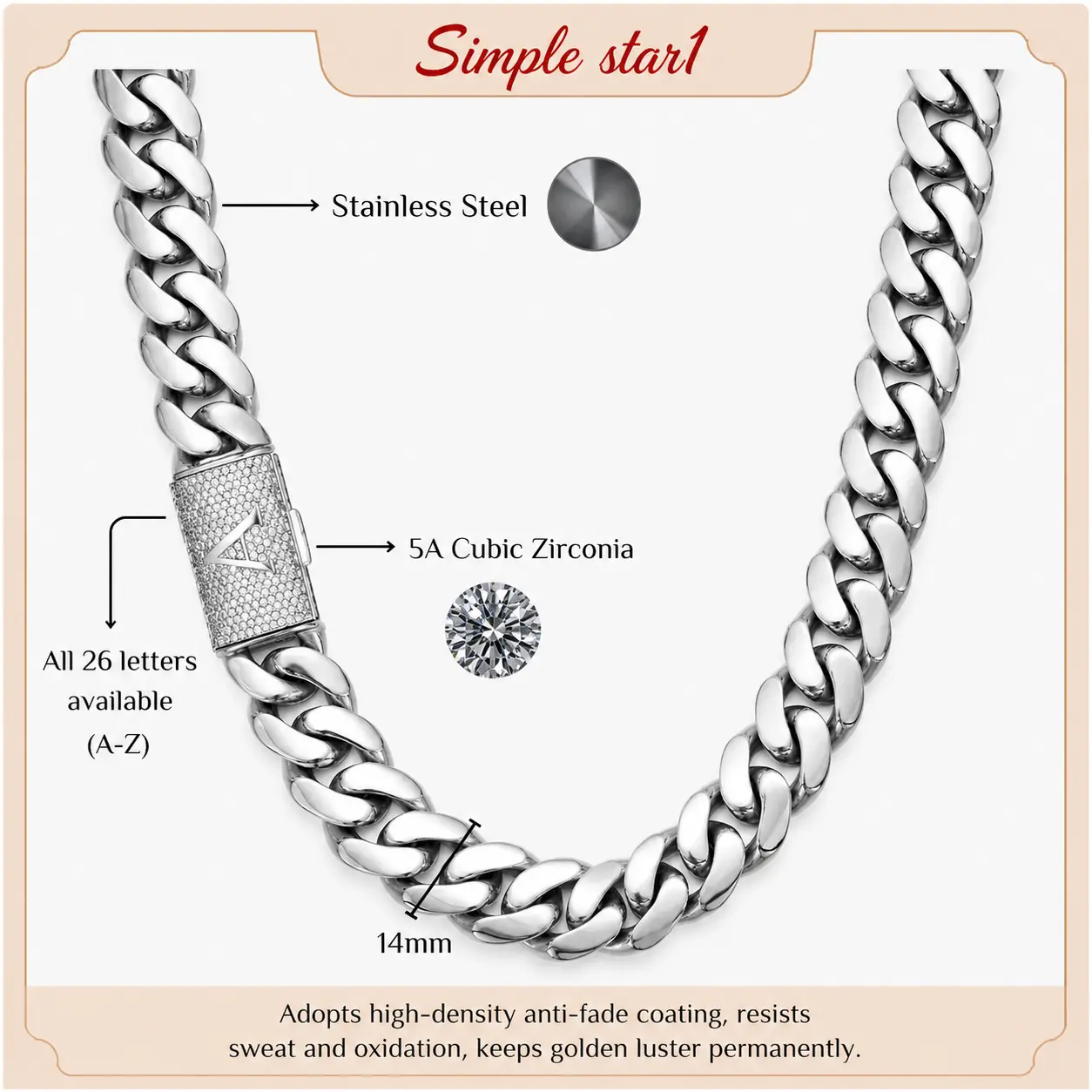 Heavy 14MM Silver Stainless Steel Cuban Link Necklace with A-Z Initial Clasp and Iced Cubic Zirconia Details, Inspired by Hip Hop Gothic and Street Fashion - Men's Accessories, Beach Essentials, Chains for Men,Perfect for  cruel boyfriend jewelry