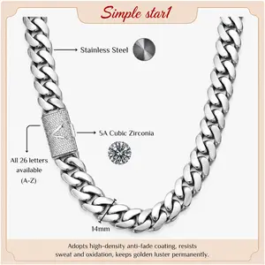 Heavy 14MM Silver Stainless Steel Cuban Link Necklace with A-Z Initial Clasp and Iced Cubic Zirconia Details, Inspired by Hip Hop Gothic and Street Fashion - Men's Accessories, Beach Essentials, Chains for Men,Perfect for  cruel boyfriend jewelry