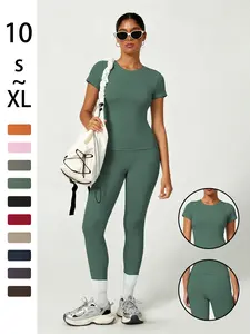 Women's Sporty High-Waisted Slim-Fit Tracksuit Set, Comfortable Yoga, Workout Running Clothes, Short Sleeve & Above-Ankle Pants, All-Season Wear