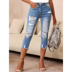 Women’s Stretch Denim Capri Jeans - Skinny High Waisted Ripped Ankle with Distressed Hem, Stretchy Slim Fit Cropped, Casual Zip & Button Closure Pants Womenswear Bottom Clothes Ladies Light Outfit Style Gamis Streetwear Trouser Basic Minimalist