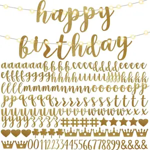 167 Pcs DIY Banner Kit Happy Birthday Glitter Banner Customizable Glitter Make Your Own Kit 162 Letters Symbols and Numbers 3 Rope for Birthday Halloween Wedding Christmas(Champagne Gold)